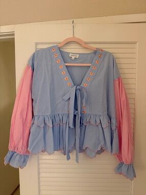 Blue Top with Pink Balloon Sleeves & Ruffle Trim